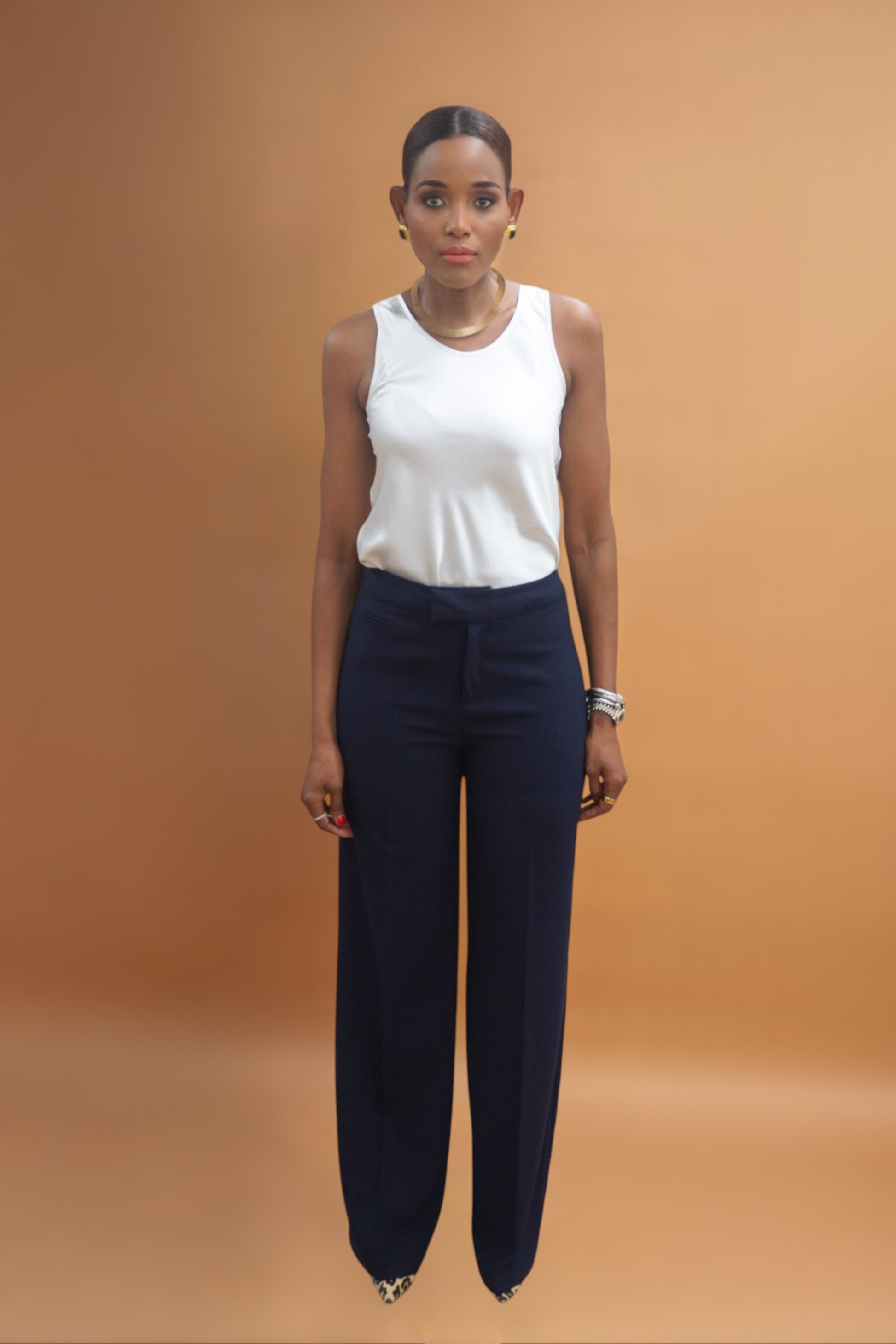 Icon-wool-work-pants-for-tall-women-shown-with-silk-long-tank-top