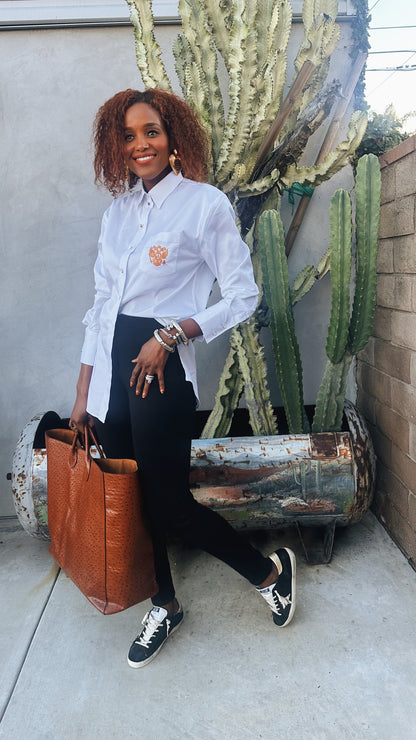 Emblem White Button Up Shirt for Tall Women