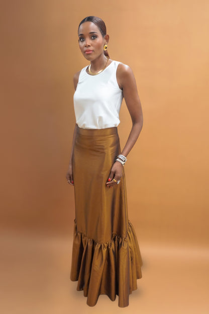 Monroe-Taffeta-Maxi-Skirt-for-Tall Women-in-Bronze-shade