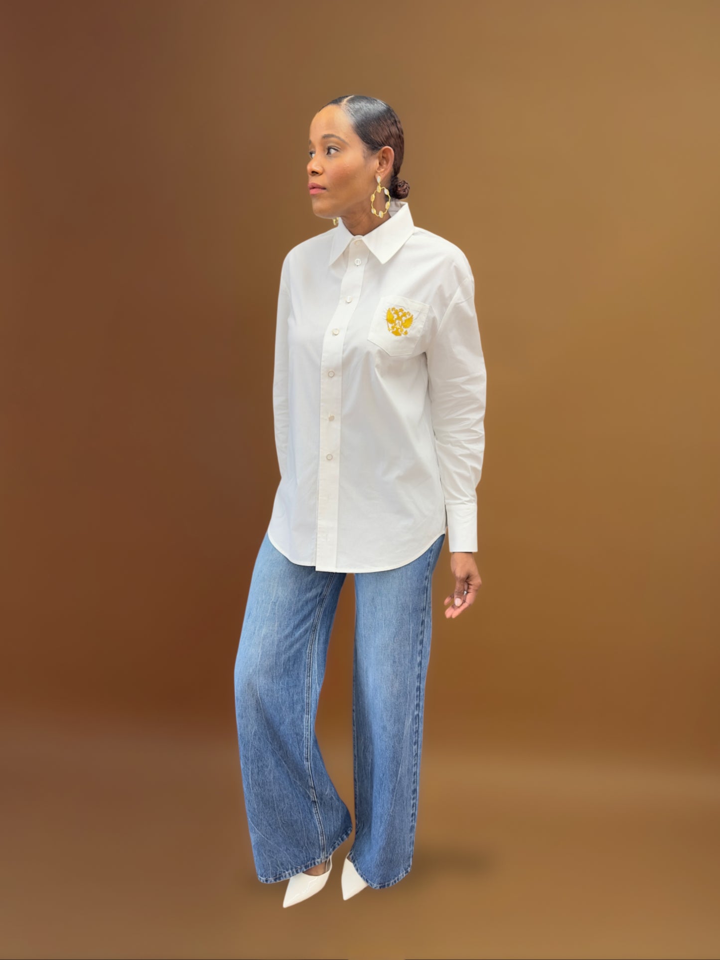 Emblem White Button Up Shirt for Tall Women