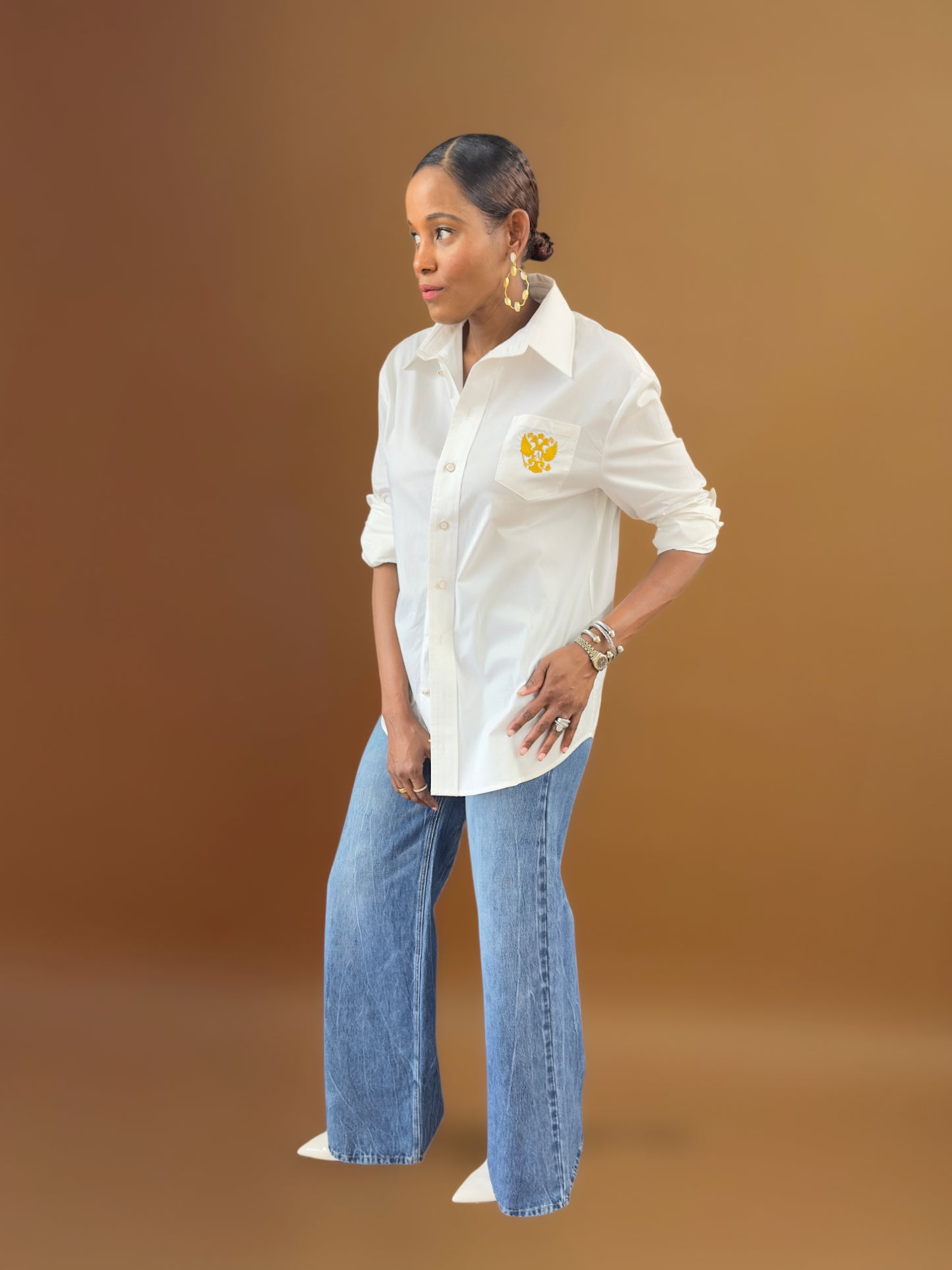 Emblem White Button Up Shirt for Tall Women