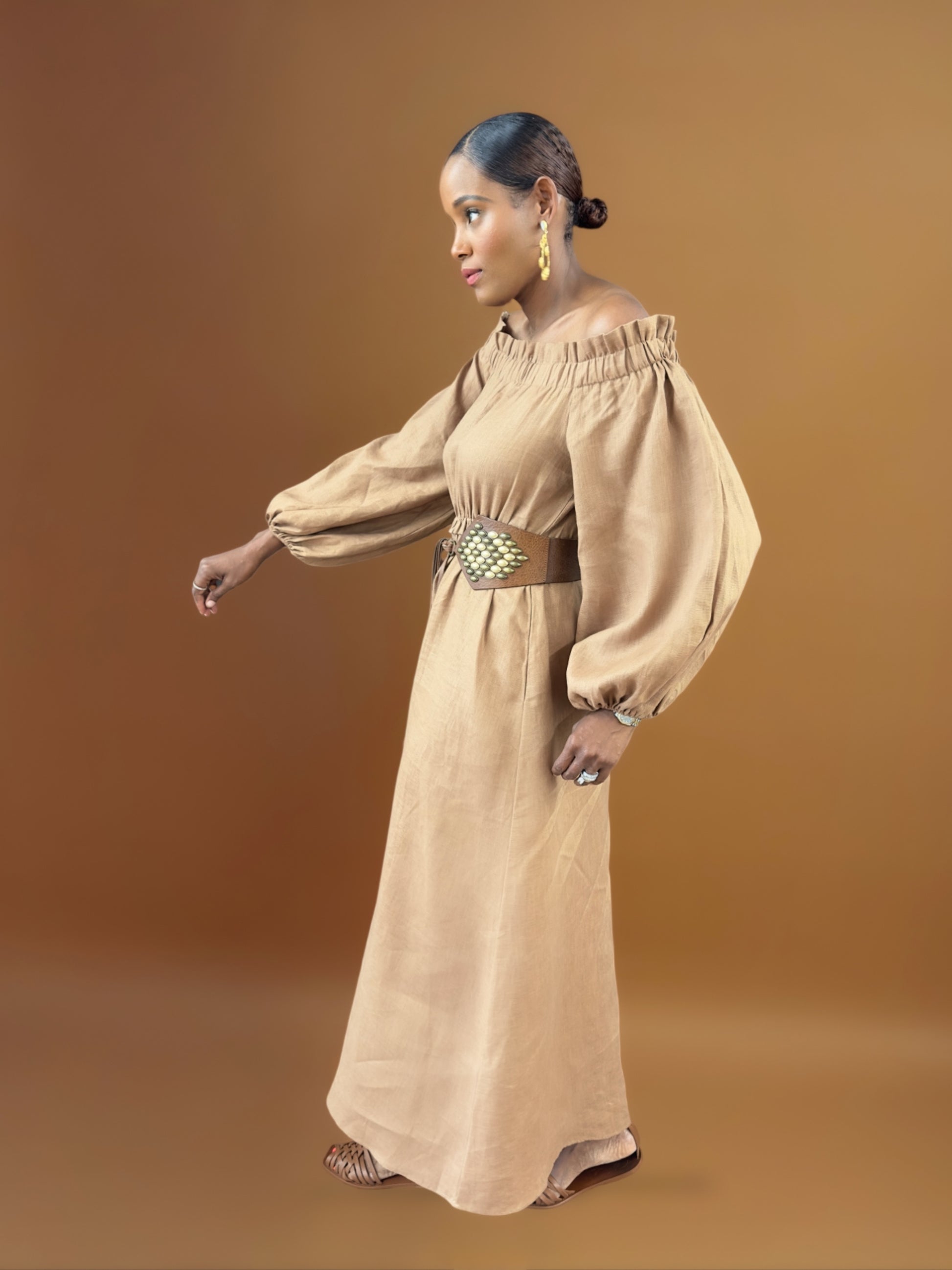 Solenna-romantic-off-the-shoulder-linen-maxi-dress-shown-in-sand-clay