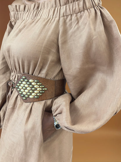 close-up-detail-of-linen-off-shoudler-long-sleeves-maxi-dress