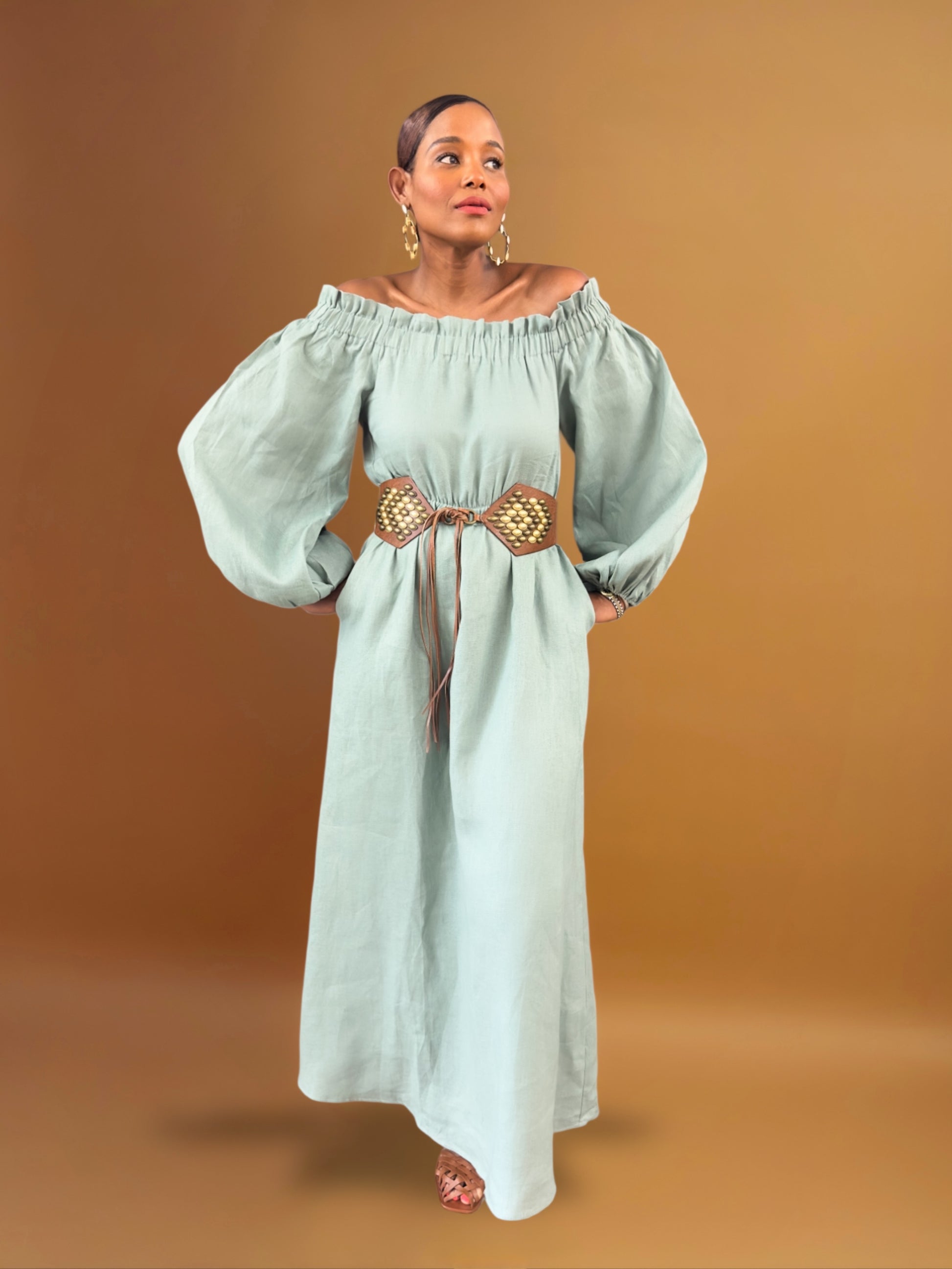 Linen Maxi Dress for Tall Women | Off-Shoulder | ATALLIER Linen Maxi Dress for Tall Women | Off-Shoulder | ATALLIER