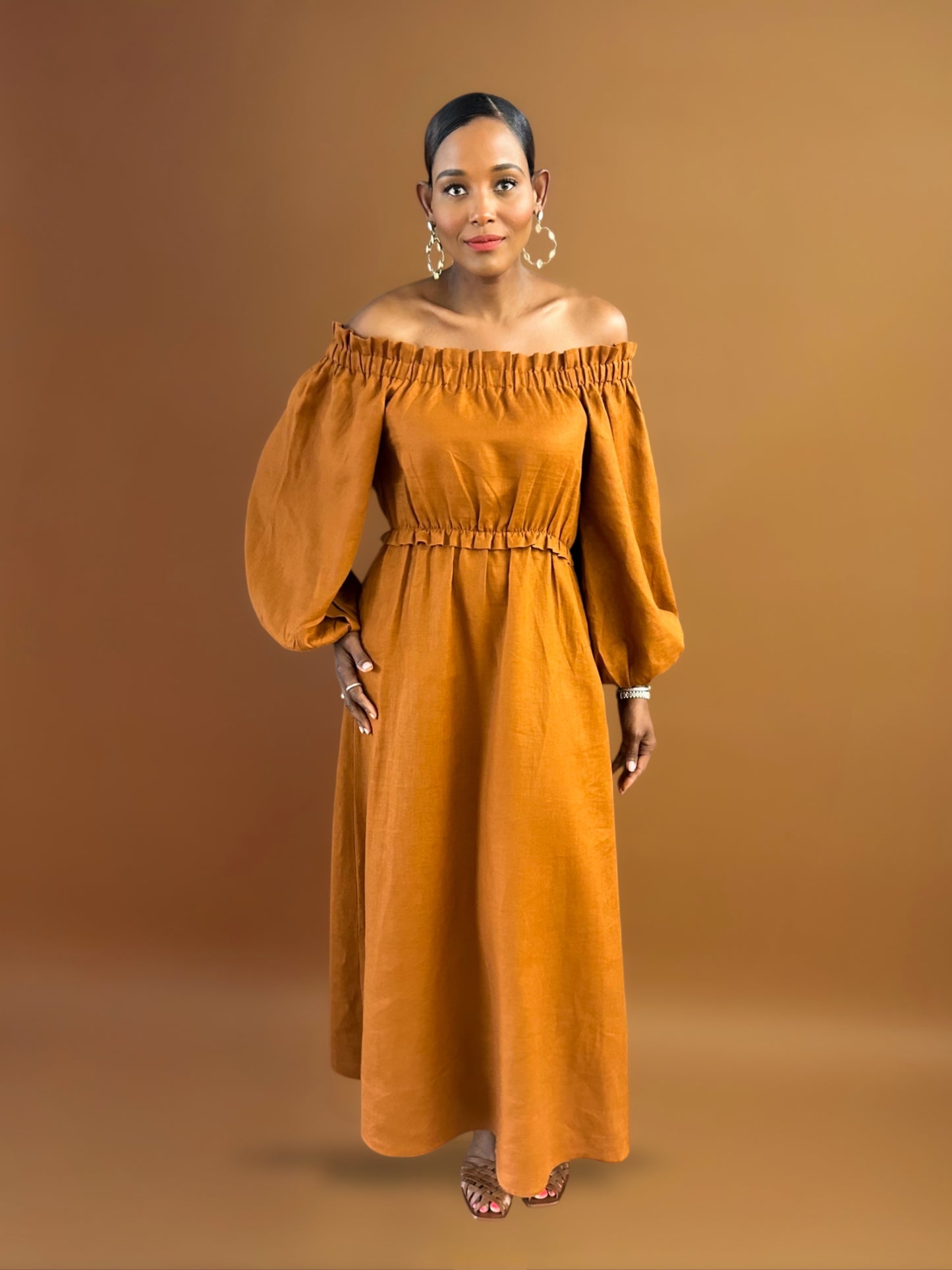 off-shoulder-maxi-linen-dress-in-Sienna-rust-color-long-sleeves