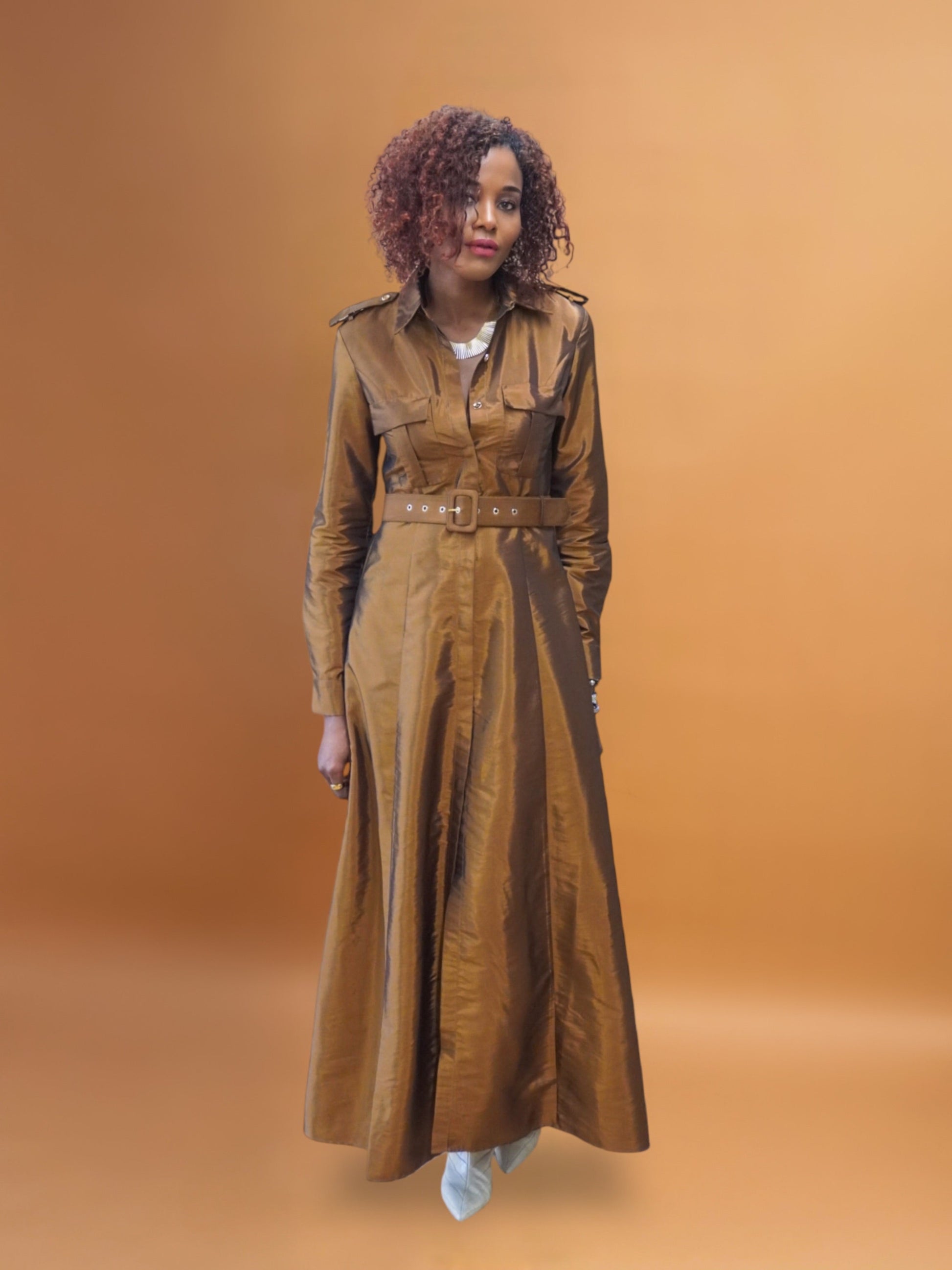 Shop-Maxi-shirt-dress-in-bronze-taffeta-tall-women-size